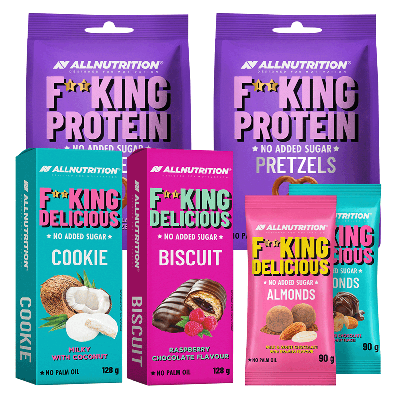 ALLNUTRITION 2x Fitking Protein Pretzels + 2x Fitking Delicious Almonds + Fitking Cookie + Fitking Biscuit