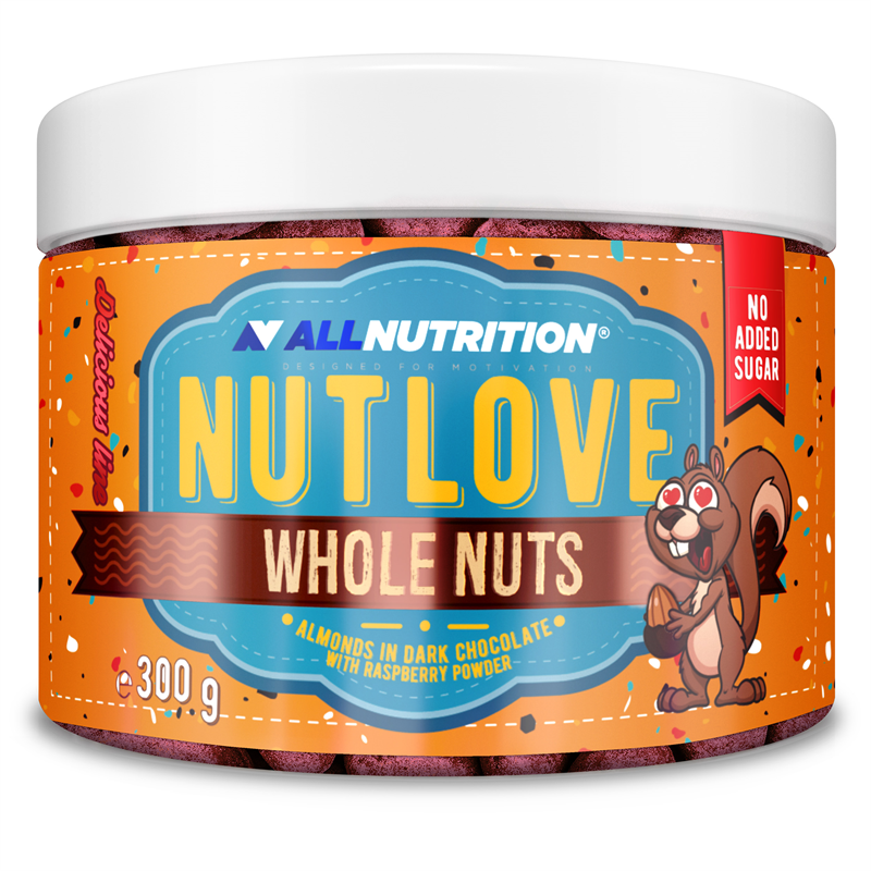 ALLNUTRITION NUTLOVE WHOLENUTS - Mandeln in Zartbitterschokolade, bestreut mit Himbeeren